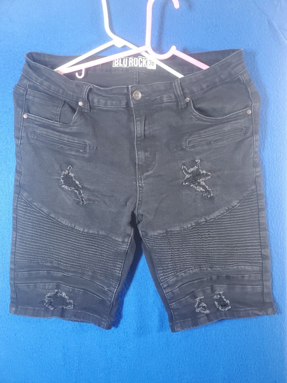 Blu Rock Mens Distressed Moto Denim Shorts Black Biker Jean Jorts Size 36